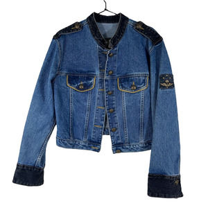 Street Wear Womens Jean Jacket Blue Mandarin Collar Buttons Pockets L